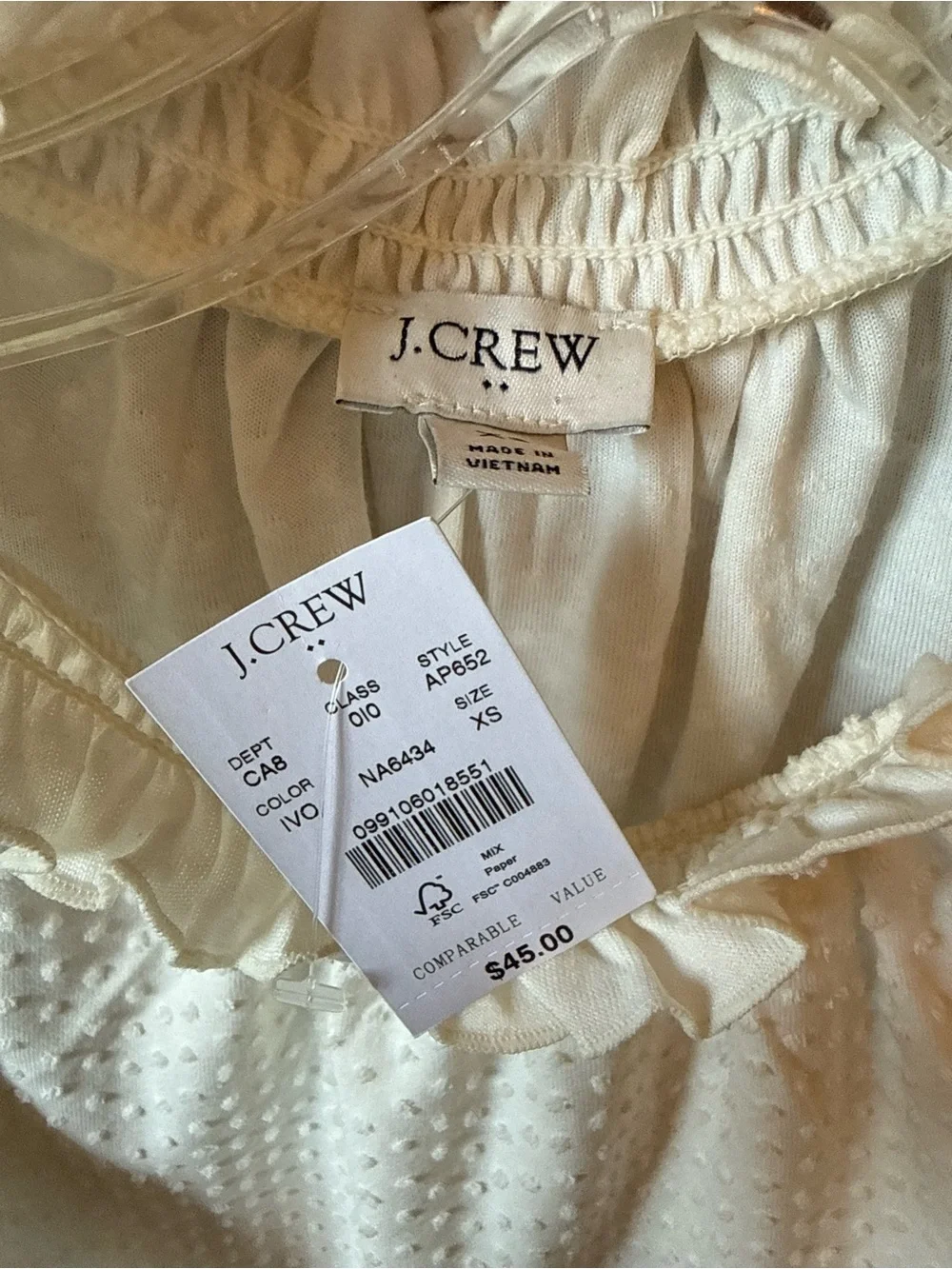 J. Crew NWT Cream Swiss Dot Ruffle Neck Short Sleeve Top